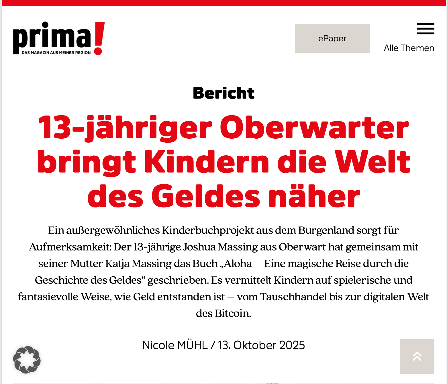 prima katja joshua massing kinderbuch finanzen Oberwarter Schüler schreibt Buch über Geld